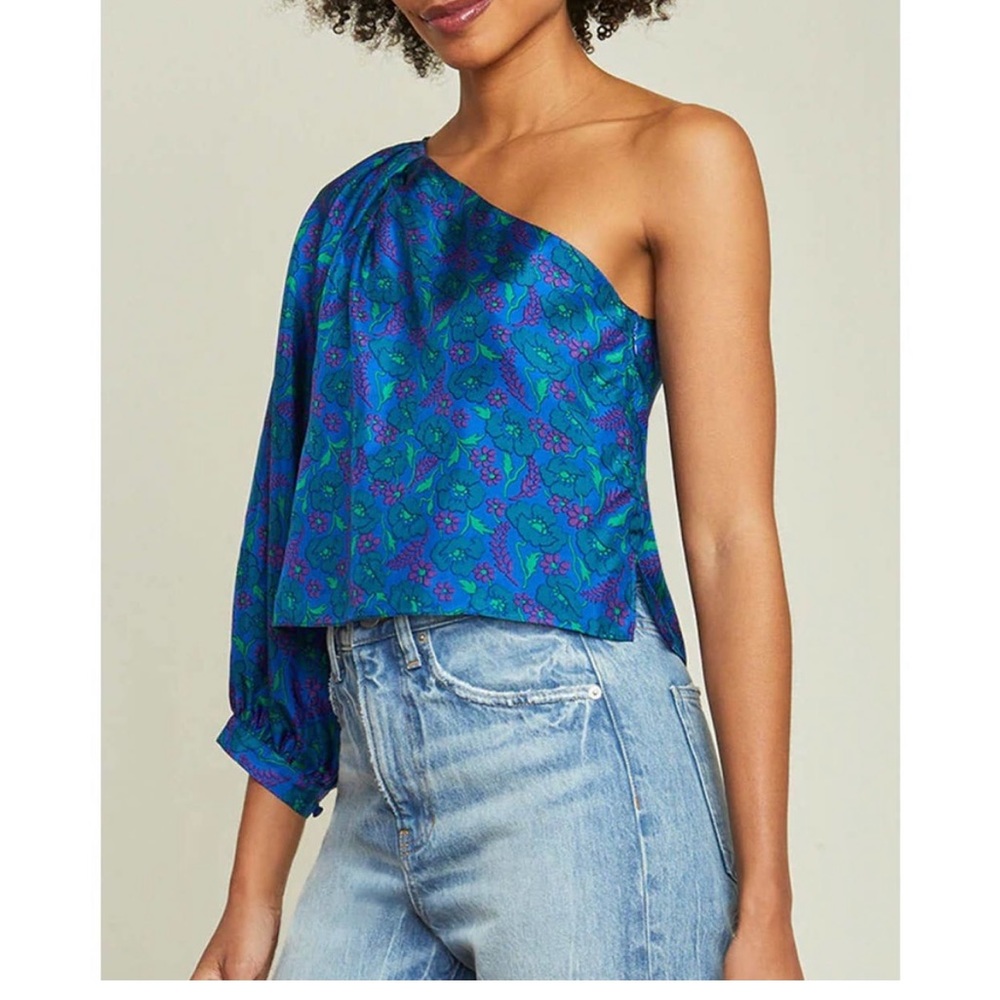 Veronica Beard Lyric Top Cobalt Multi Size 10 One Sleeve Floral Print Blouse